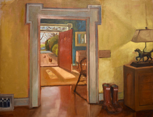 Head to the house with the red front door.